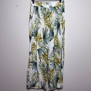 Sigrid Olsen Women‎ Linen Pants Large White Green Tropical Palm Leaf Wide Leg
